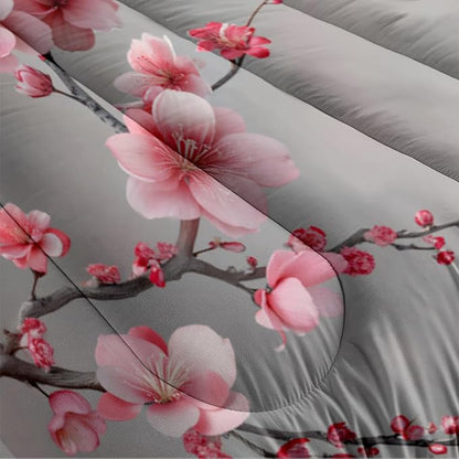 Cherry Blossom Comforter Set Queen Japanese Style Gray and Pink Floral Bedding Set Japan Bedroom Deccor Bedding Aesthetic Flower Branch Pattern, Ultra Soft Lightweight Comforter Sets