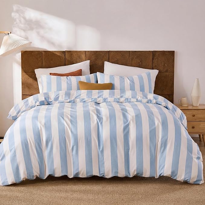 Merryword Blue and White Striped Duvet Cover Set Queen Size, 100% Cotton Bedding Set with Zipper Closure & 8 Corner Ties, Luxury Linen Like Bedding, Soft Breathable Comforter Cover for All Seasons