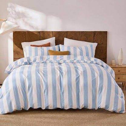 Merryword Blue and White Striped Duvet Cover Set King Size, 100% Cotton Bedding Set with Zipper Closure & 8 Corner Ties, Luxury Linen Like Bedding, Soft Breathable Comforter Cover for All Seasons