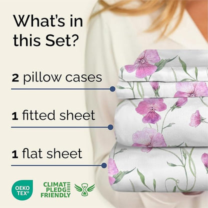 Floral Sheets - Pink Floral Bed Sheet Set - 1 Flat, 1 Fitted & 2 Pillowcases w/ Deep Pockets - Comfy, Wrinkle & Fade Free - Boho Botanical Bedding - Soft, Breathable and Cooling - Cal King Size Set