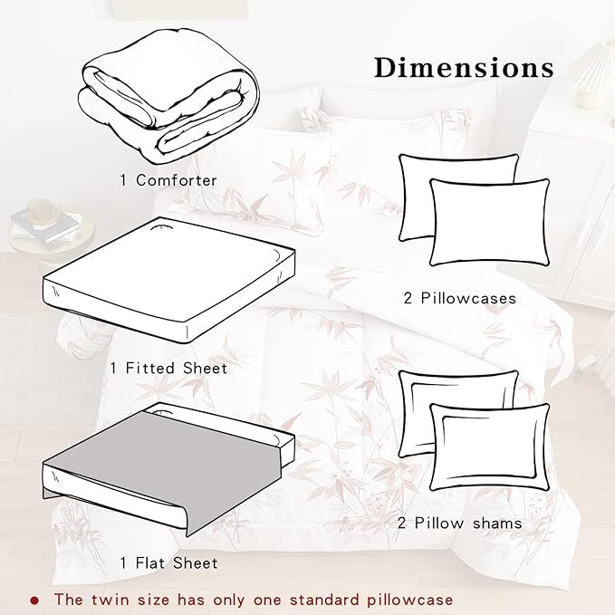 7 Piece Bed in a Bag Queen Comforter Set with Sheets, Burnt Orange Leaves on White Botanical Bedding Sets for All Season (1 Comforter, 2 Pillow Shams, 1 Flat Sheet, 1 Fitted Sheet, 2 Pillowcases)