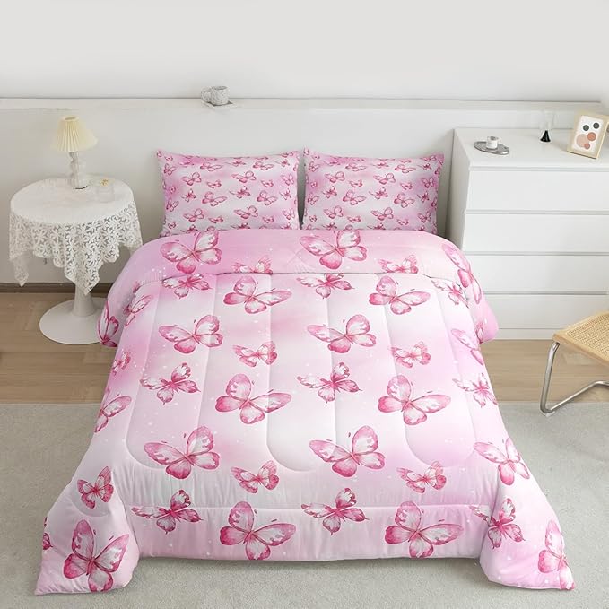 Erosebridal Pink Butterfly Comforter Set for Kids Boys Girls 3D Pink Dreamy Butterfly Bedding Colorful Ink Stick Printing Duvet Set All Season Microfiber Comforter King with 2 Pillowcases