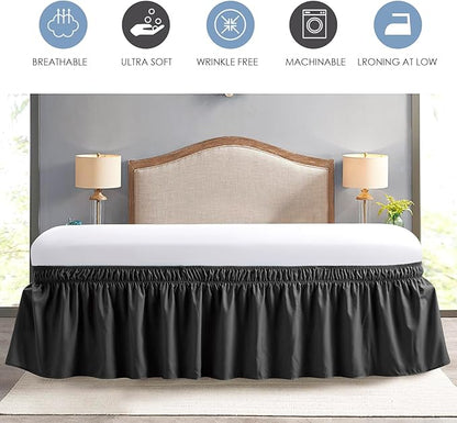 FreshCulture Queen Bed Skirt, Elastic Wrap Around Bed Skirt Queen Size, Bed Skirts for Adjustable Bed, Easy Fit with 15-Inch Tailored Drop, Hotel Quality Dust Ruffle for Queen Bed (Black)