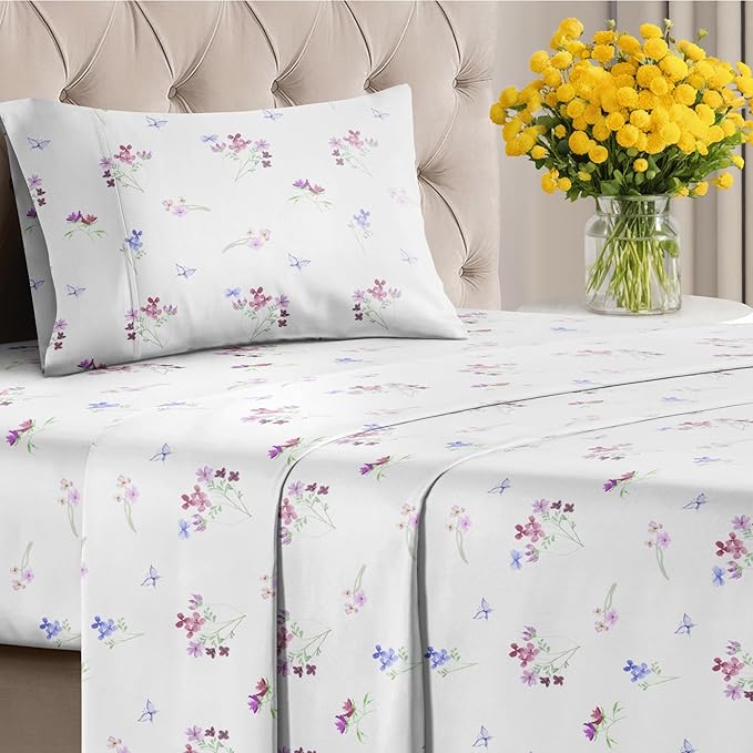 Floral Sheets - Butterfly Floral Bed Sheet Set - 1 Flat, 1 Fitted & 1 Pillowcase w/ Deep Pockets - Comfy, Wrinkle & Fade Free - Boho Botanical Bedding - Soft, Breathable and Cooling - Twin XL Size Set