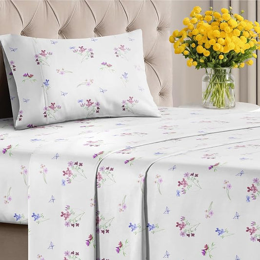 Floral Sheets - Butterfly Floral Bed Sheet Set - 1 Flat, 1 Fitted & 1 Pillowcase w/ Deep Pockets - Comfy, Wrinkle & Fade Free - Boho Botanical Bedding - Soft, Breathable and Cooling - Twin XL Size Set