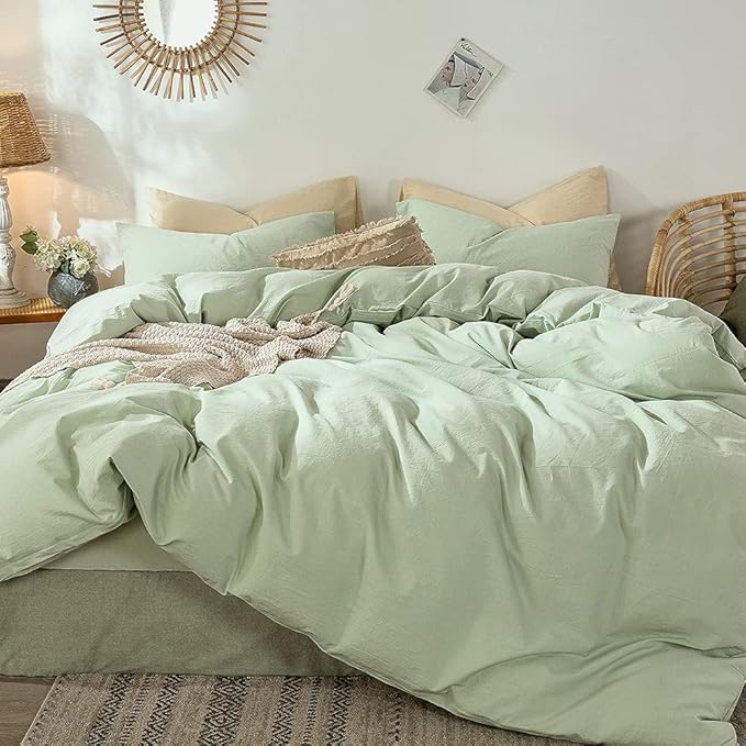MooMee Bedding Duvet Cover Set 100% Washed Cotton Linen Like Textured Breathable Durable Soft Comfy (Heathered Seaglass Green, Queen 90"x90")
