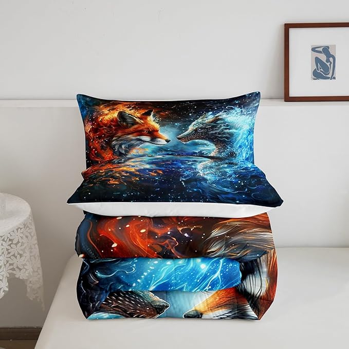Fox and Dragon Comforter Set Twin Size,3D Flaming Ice Collision Bedding Set,Western Magical Style Animals Down Comforter for Kids Boys Girls Teens Room Decor,Galaxy Universe Quilt Duvet Insert 2Pcs
