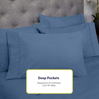 Cal King Size Bed Sheets - 6 Piece 1500 Supreme Collection Fine Brushed Microfiber Deep Pocket California King Sheet Set Bedding - 2 Extra Pillow Cases, Great Value, California King, Denim