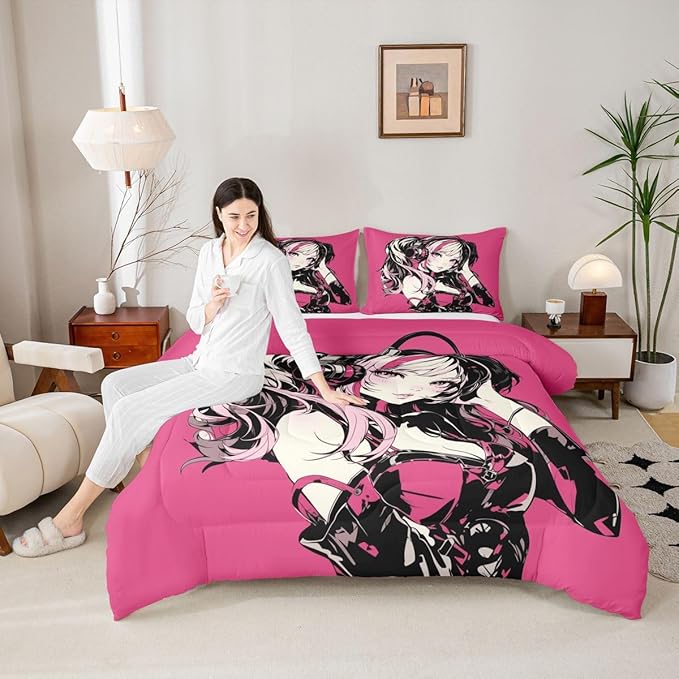 Erosebridal Pink Anime Girls Bedding Cartoon Japanes-Style Comforter Set King, Graffiti Street Culture Bed Comforter Set for Kids Teens Youth Watercolor Hippie Style Duvet Set 3Pcs