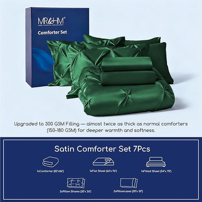 MR&HM Satin Comforter Full 7 Pieces - Luxurious Pinch Pleat Bedding Set with Comforter, Flat Sheet, Fitted Sheet, Pillowcases & Shams, Super Silky Soft Bed Set for All Season (Full, Dark Green)