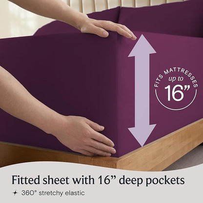 LuxClub 4 PC Full Sheet Set, Breathable Luxury Bed Sheets, Deep Pockets 18" Wrinkle Free Cooling Bed Sheets Machine Washable Hotel Bedding Silky Soft - Eggplant Full