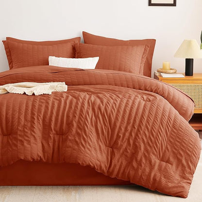 CozyLux Full Size Comforter Sets with Sheets 7 Pieces, Burnt Orange Seersucker Bed in a Bag Textured Luxury Soft Bedding Sets with Down Alternative Comforter, Sheets, Pillowcases & Shams, Terracotta