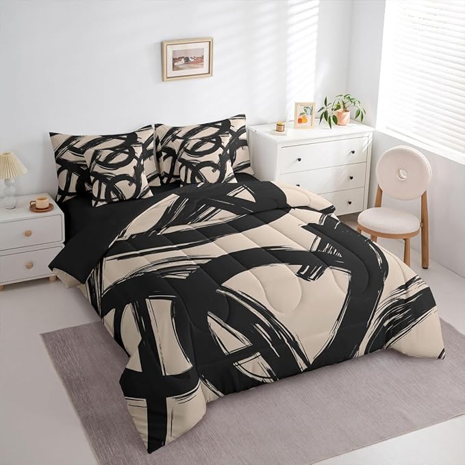 Erosebridal Black Beige Abstract 7 Piece Comforter Set Twin Bed in A Bag Modern Graffiti Minimalist Line Bedding Set Simple Cool Unique Geometric Sketch Sheet Set Ink Painting Aesthetic Quilt