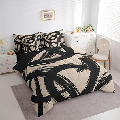 Erosebridal Black Beige Abstract 7 Piece Comforter Set Full Bed in A Bag Modern Graffiti Minimalist Line Bedding Set Simple Cool Unique Geometric Sketch Sheet Set Ink Painting Aesthetic Quilt