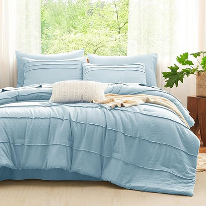 CozyLux Queen Comforter Set Light Blue, 7 Pieces Soft Pinch Pleat Bed in a Bag Queen Comforter Set with Sheets, Boho Bed Set with Down Alternative Comforter, Sheets, Pillowcases & Shams