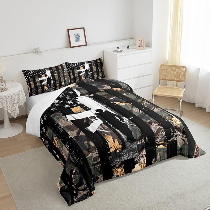 Castle Fairy American Flag Camo Comforter Set Queen Size,Hunting Bedding Set Rustic Trees Leaves Camouflage Comforter for Boys Teens Kids Man Bedroom Nature Conifer Oak Branches Bedding Quilt Set