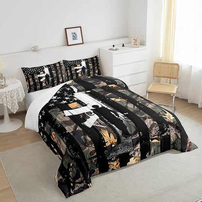 Castle Fairy American Flag Camo Comforter Set Queen Size,Hunting Bedding Set Rustic Trees Leaves Camouflage Comforter for Boys Teens Kids Man Bedroom Nature Conifer Oak Branches Bedding Quilt Set
