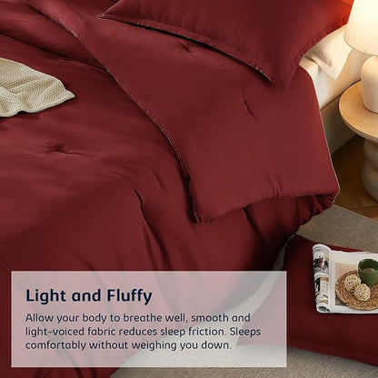 Queen Comforter Set Dark Red,3PCS Soft Lightweight Breathable Bedding Comforter for All Season, Queen Size(90''×90'' Comforter & 2 Pillowcases)