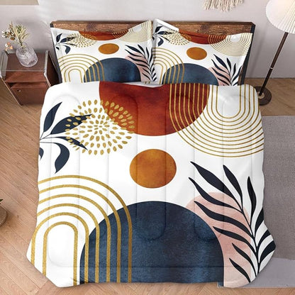 King Size Comforter Set with 2 Pillowcases, Retro Sun Boho Geometric Leaf 3 Pcs Bedding for Adults, Mid Century Soft Comforter Set for Bedroom Bed Decor