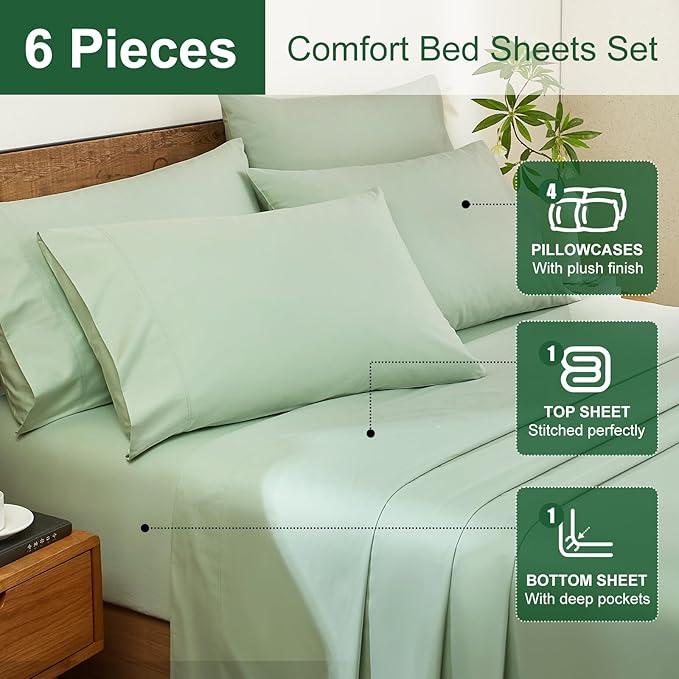 Ivellow 100% Egyptian Cotton Queen Size Sheets Set - 1200 Thread Count 6 PC 18" Deep Pocket Queen Sheets，Luxury Cotton Bed Sheets Soft Breathable Sage Green Cooling Sheet Sets Hotel Quality Bedding