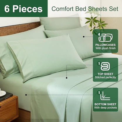 Ivellow 100% Egyptian Cotton Queen Size Sheets Set - 1200 Thread Count 6 PC 18" Deep Pocket Queen Sheets，Luxury Cotton Bed Sheets Soft Breathable Sage Green Cooling Sheet Sets Hotel Quality Bedding