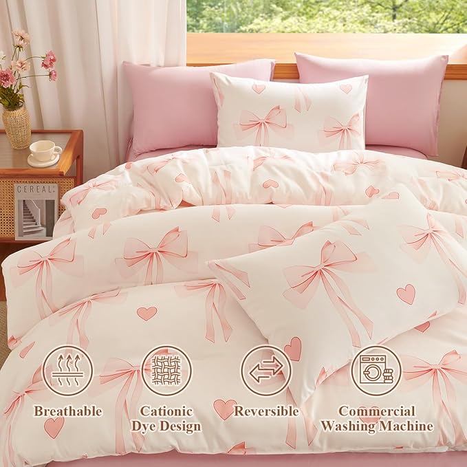 Pink Bow Comforter Set King Size - 3 Pieces Pink White Heart Comforter Bedding Sets Reversible Pattern,King Bed in a Bag for Girls Comforter and 2 Pillowcases