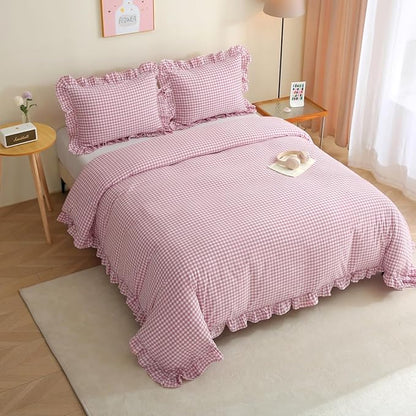 Vintage Pink/White Plaid Ruffle 3-Piece Duvet Cover Set King Size,Washed Cotton Shabby Gingham Checkered Bedding Set Farmhouse Comforter Set