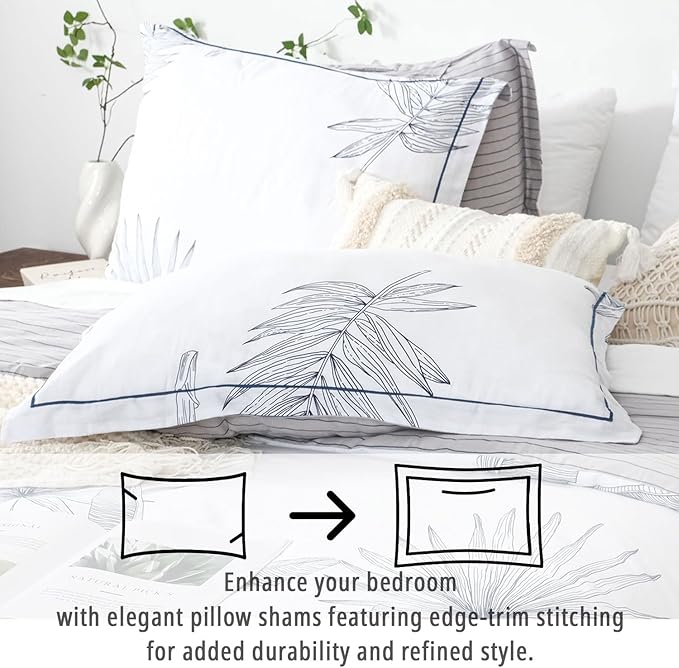 Botanical Cotton Comforter King Size - White Comforter with Delicate Black Leaves Patterns,Grey Reversible Lightweight Bedding Sets 3Pcs(Stripes)