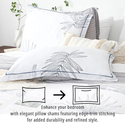 Botanical Cotton Comforter King Size - White Comforter with Delicate Black Leaves Patterns,Grey Reversible Lightweight Bedding Sets 3Pcs(Stripes)