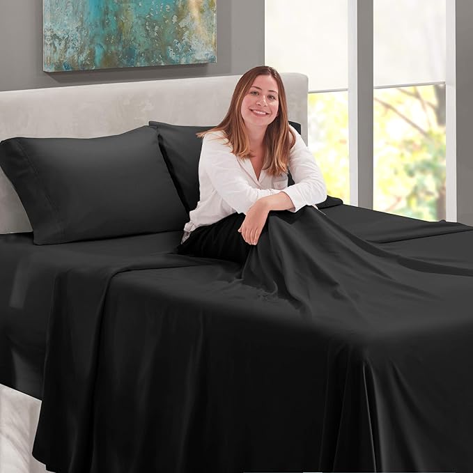 Nestl Twin XL Size Sheet Set, 4 Piece Extra Deep Pocket (18-24 inches), Microfiber, Hotel Luxury, Soft, Breathable, Wrinkle-Free, Easy to Care, Black