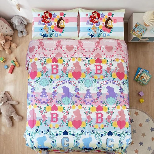 Northwest Disney Princess Full Size Comforter Set, 5 Piece Reversible Design Ultra Soft Fade Resistant Microfiber Kids Bedding Set, Officially Licensed