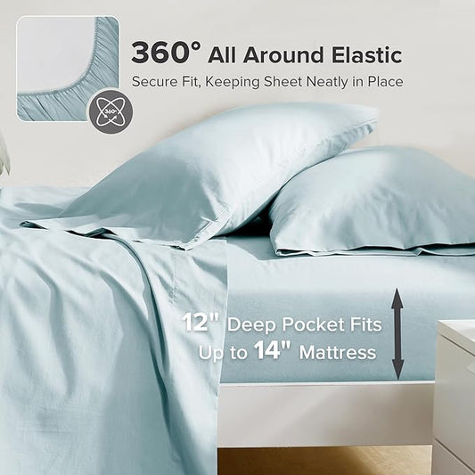 Comfort Spaces 100% Cotton Sheets Twin, Breathable, Soft Cotton Sheets, Naturally Cool Cotton Bed Sheets with 12" Elastic Pocket Fits up to 14" Mattress, All Season Sheet Set, Twin Light Blue 3 Piece