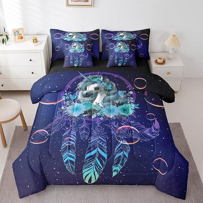 Unicorn Bed in a Bag Queen Comforter Set 7 Piece,Dream Catchers Feather Bedding Sets Dreamy Horse Animal Sheet Set with Comforter