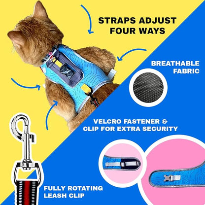Travel CAT The Pathfinder Cat Harness with GPS Tracker Pocket - Powered by Tractive Cat Harness Escape Proof - Walking Escape Proof Harness for Small, Large Cat, Kitten (Blue, Large)