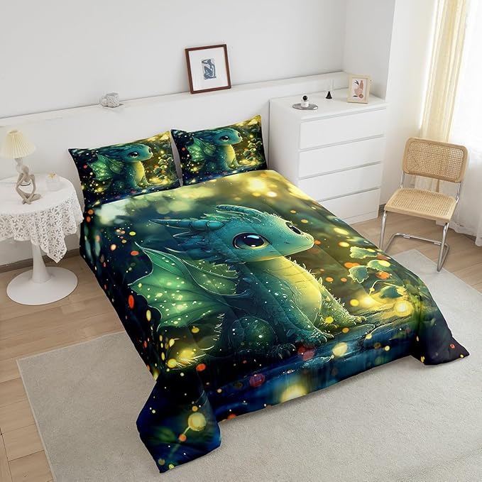 Feelyou Dragon Comforter Set Toddler Size Dragon Stuff Comforter for Boys Girls Teens Kawaii Bedding Set Dragon Decor Duvet Set Room Decor Bright Green Quilt Set