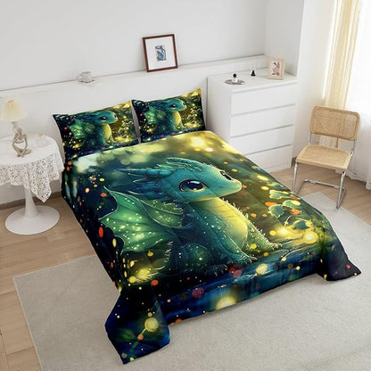 Feelyou Dragon Comforter Set Queen Size Dragon Stuff Comforter for Boys Girls Teens Kawaii Bedding Set Dragon Decor Duvet Set Room Decor Bright Green Quilt Set