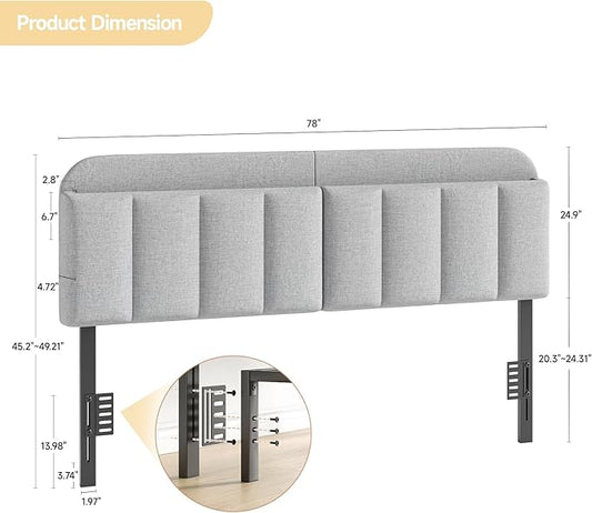 Adjustable Headboard for King/California King Size Bed Frame, Linen Fabric Bed Headboard with Storage & RGB LED Light in Modern Vertical Channel Design, Light Grey