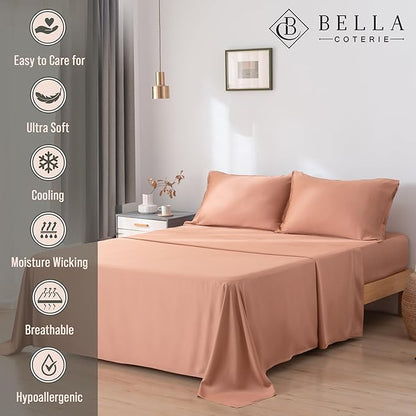 Bella Coterie Luxury Bamboo Viscose Split King Size Sheet Set | 2 Fitted Sheets for Sleep Number & Adjustable Beds | 100% Organically Grown | Cooling & Ultra Soft | 18” Deep Pocket [Terracotta]