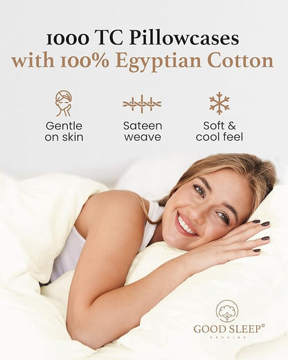 1000 TC Ivory King Pillowcases Set of 4 100% Egyptian Cotton Pillow Cases with Long Staple Cotton & Sateen Weave, Silky Soft Hotel - Like Bed Pillow Covers for Comfy Sleeping, Snug Fit