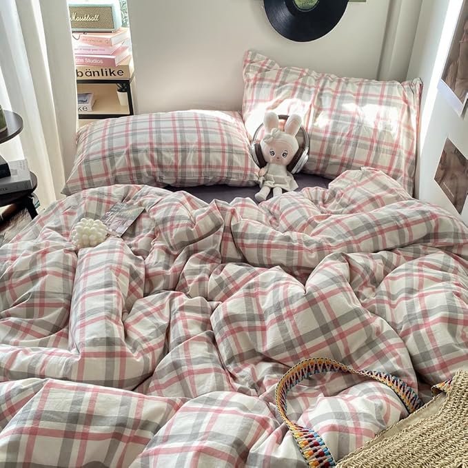 EAVD Vintage Style Plaid Duvet Cover Twin Grey Pink Grid Soft 100% Washed Cotton Reversible Bedding Set Farmhouse Grid Checkered Bedding Set with 2 Pillowcases Modern Gingham Duvet Cover with Zipper
