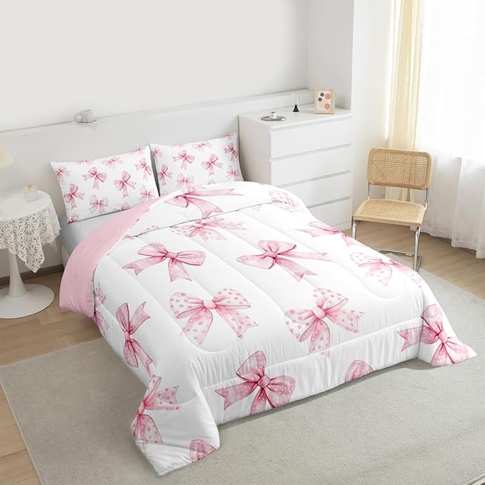 Erosebridal Pink Bow Kids Bedding | Coquette Bowknot Queen Comforter Sets,Princess Girls Ribbon Bowtie Comforter Watercolor Cute Duvet Insert with 2 Pillow Cases