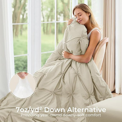 Sasttie Queen Comforter Set, 7-Piece Bed in a Bag, Pintuck Bedding Sets for All Season, Includes Comforter, Flat Sheet, Fitted Sheet, Pillowcases and Pillowshams, Linen