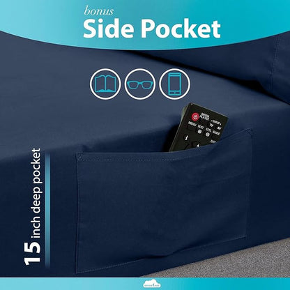 DREAMCARE Queen Size Sheets - Cooling Bed Sheets - 4pcs Set - up to 15" Deep Pocket Queen Sheet Set - Sheets Queen Size Bed - Soft & Long Lasting 100% Fine Brushed Polyester with Side Pocket - NBlue