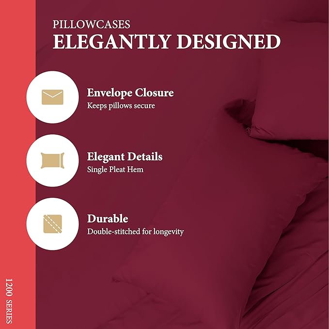 Ashton Sheets 100% Egyptian Cotton Sheets California King Size - 1200 Thread Count Cal King Sheet Set Egyptian Cotton, 4 PC Luxury Bedsheet (Burgundy), Soft, Cooling, 17" Deep Pocket Bedsheet Set