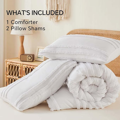 BEDELITE Boho Twin/Twin XL Comforter Set，White Tufted Striped Bed Set 2 Pieces, Soft Vintage Farmhouse Comforter for College, Boho Home Dorm Decor, Fluffy Jacquard Bedding with 1 Pillow Sham