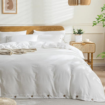 JELLYMONI Cotton Duvet Cover Twin XL Size - Bright White Comforter Cover with Button 100% Washed Cotton 2PCS Breathable Soft Solid Bedding Set Duvet Cover 66×92in & 1 Pillowcase (NO Comforter)