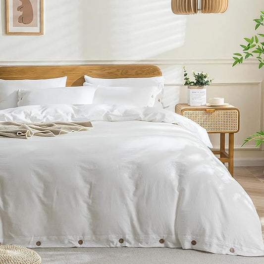 JELLYMONI Cotton Duvet Cover Twin XL Size - Bright White Comforter Cover with Button 100% Washed Cotton 2PCS Breathable Soft Solid Bedding Set Duvet Cover 66×92in & 1 Pillowcase (NO Comforter)