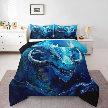 Vivid Dragon Bedding Set Full Size,Gothic Nature Animal Comforter Set for Kids Boys Teens Men Room Decor,Western Magical Dragon Duvet Insert 3Pcs,Boho Exotic Wildlife Soft Quilt Set,2 Pillowcases