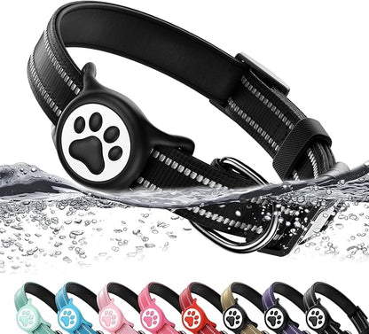 Airtag Dog Collar, Reflective Ultra-Durable Nylon Padded with QR Buckle & IP68 Waterproof Air Tag Holder Compatible for Apple AirTag, Comfortable for Small Medium Large Dogs (Black, XL)