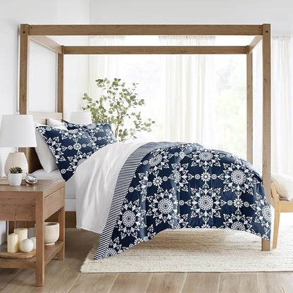 LINENS & HUTCH Comforter Set Patterned Microfiber All Season Down-Alternative Ultra Soft Bedding in Daisy Medallion - King/Cal-King Daisy Medallion Navy